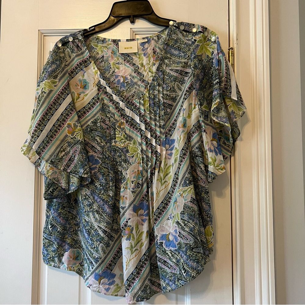 Maeve by Anthropologie Green Paisley Floral Maya Flutter Sleeve Pintuck Blouse
